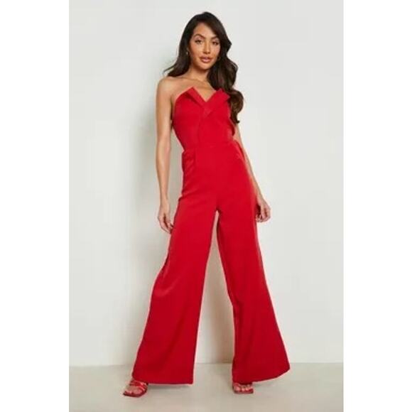 Boohoo Red Bandeau Tailored Wide Leg Jumpsuit Sleeveless Women's Size 12 - Picture 1 of 10